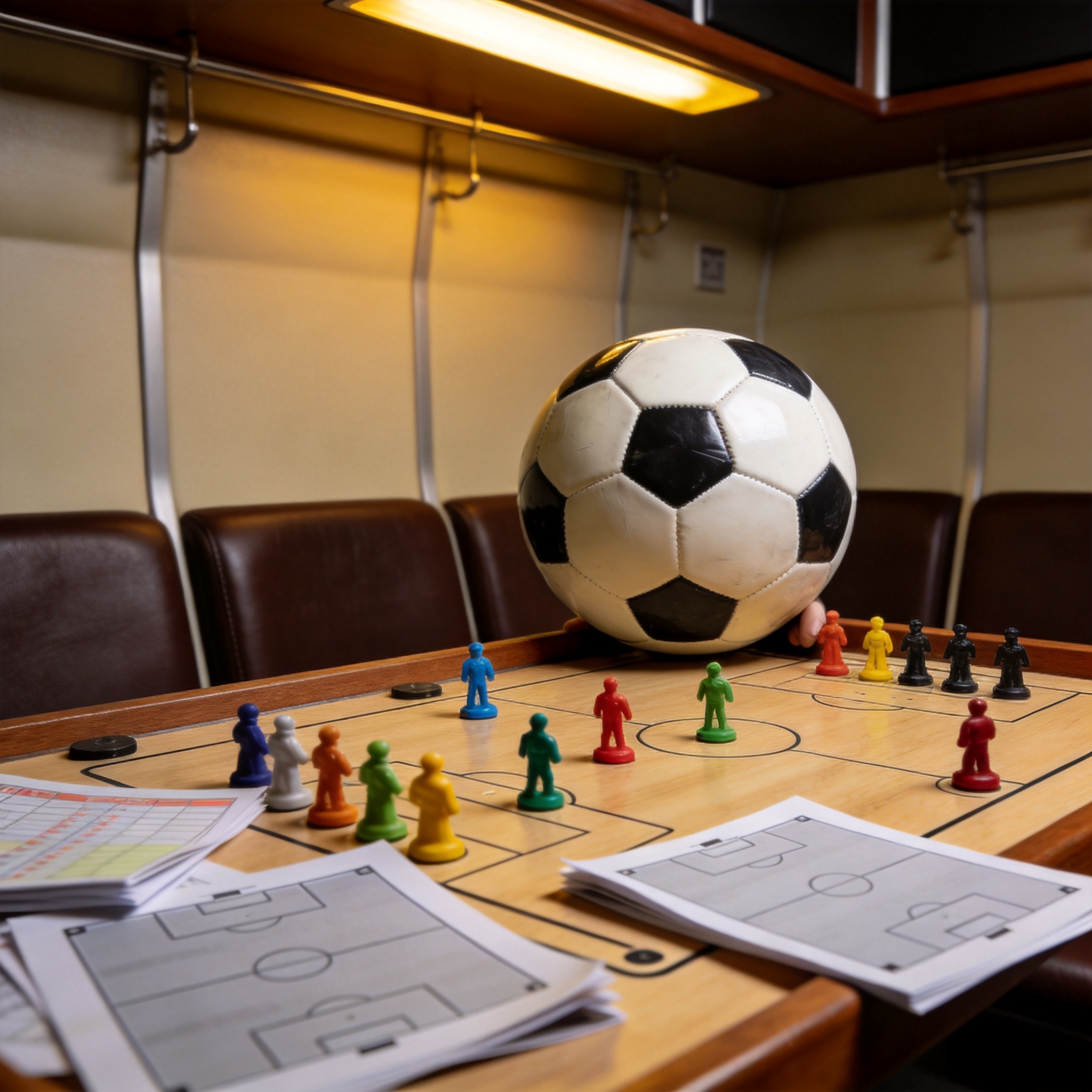足球战术板上摆放的球员棋子与比赛数据分析资料